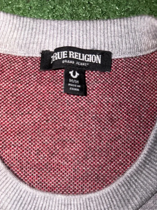 True Religion Light Gray Crewneck Sweater with Red Graphic Logo - Picture 2 of 3